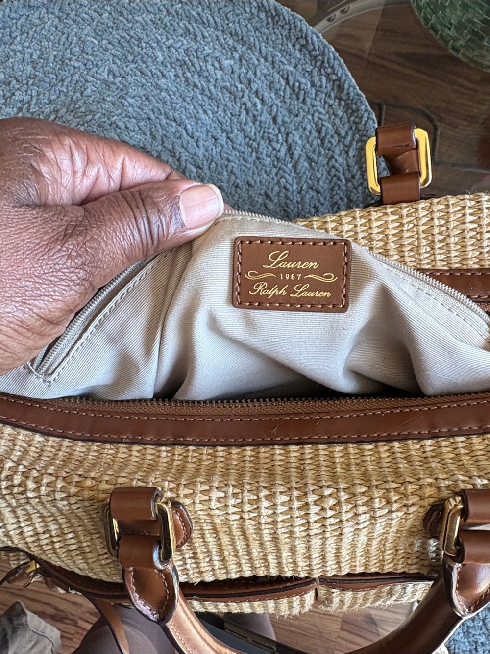 Lauren Ralph Lauren Straw Woven Satchel with Brown Trim - Picture 2 of 5